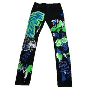 Mackeen Mens Black Graffiti jeans sz 42 Red Blue Green Y2K VTG vintage
